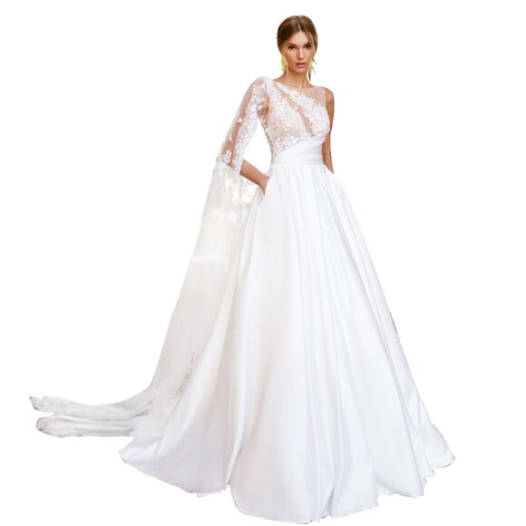 IS-NWT US16 A-Line Satin Wedding Dresses O-Neck Sleeveless Lace 3D Flower Train - Picture 1 of 5